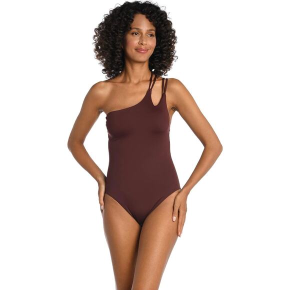 La Blanca Island Goddess Java Brown Strappy One Shoulder One Piece Swimsuit 14 - Picture 1 of 10